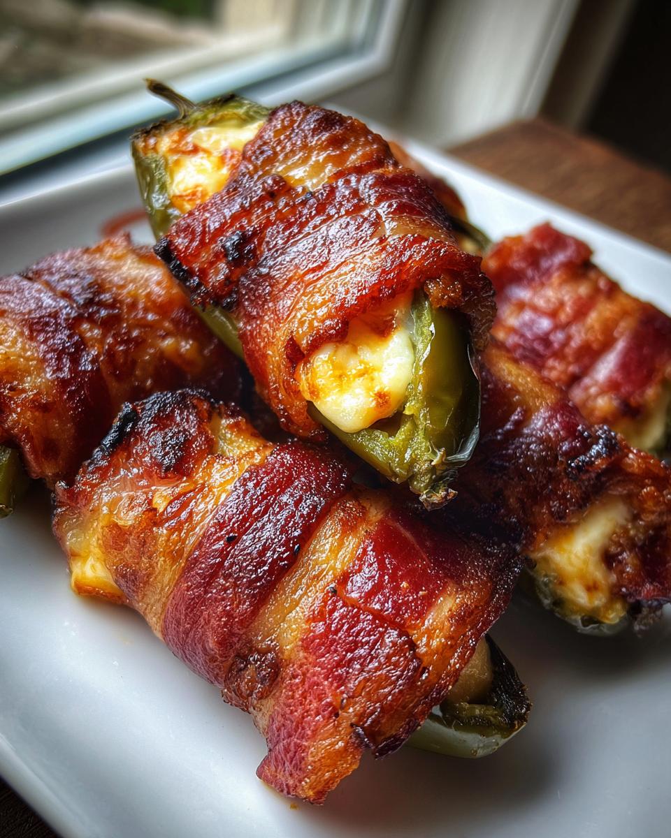 Close-up of several crispy, cheesy Bacon-Wrapped Jalapeño Poppers piled on a white plate.