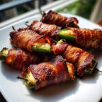 A close-up of several cooked Bacon-Wrapped Jalapeño Poppers piled on a white plate, showing crispy bacon and melted cheese filling.