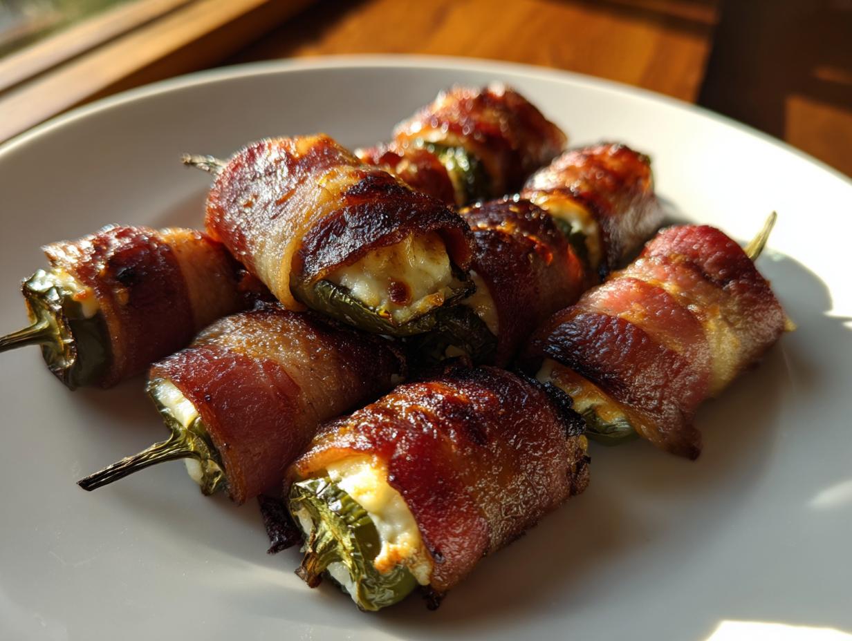 A plate of freshly cooked Bacon-Wrapped Jalapeño Poppers, showing crispy bacon and melted cheese filling.