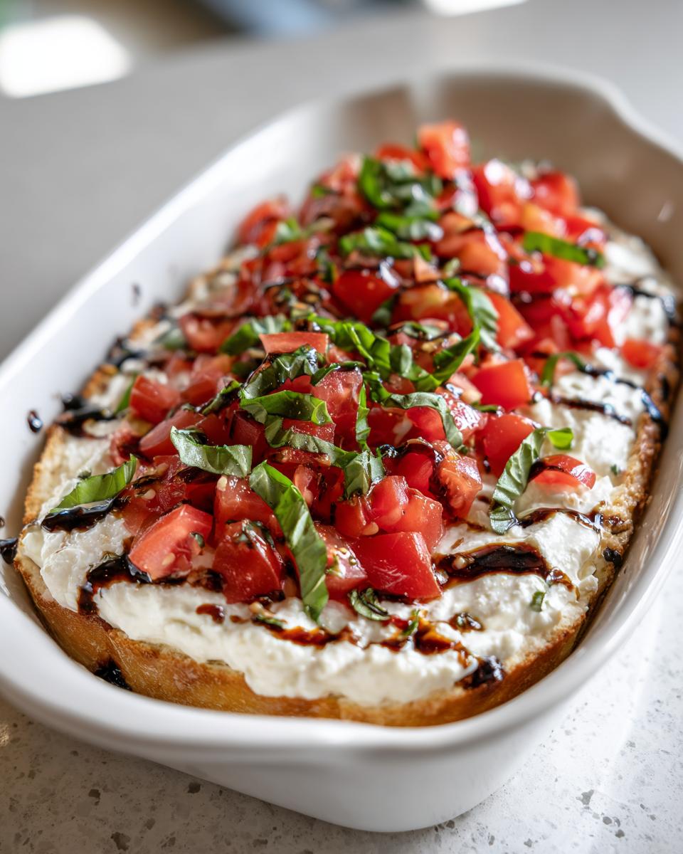 A close-up view of warm bruschetta dip featuring a creamy cheese base, topped with diced tomatoes, fresh basil, and a balsamic glaze drizzle.