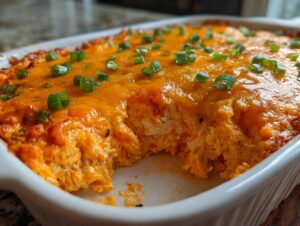 Close-up of a baked Buffalo chicken dip with melted orange cheese and chopped green onions.
