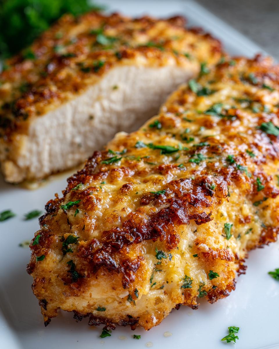 Close-up of baked caesar chicken breast with a golden, crispy, cheesy topping and fresh parsley.