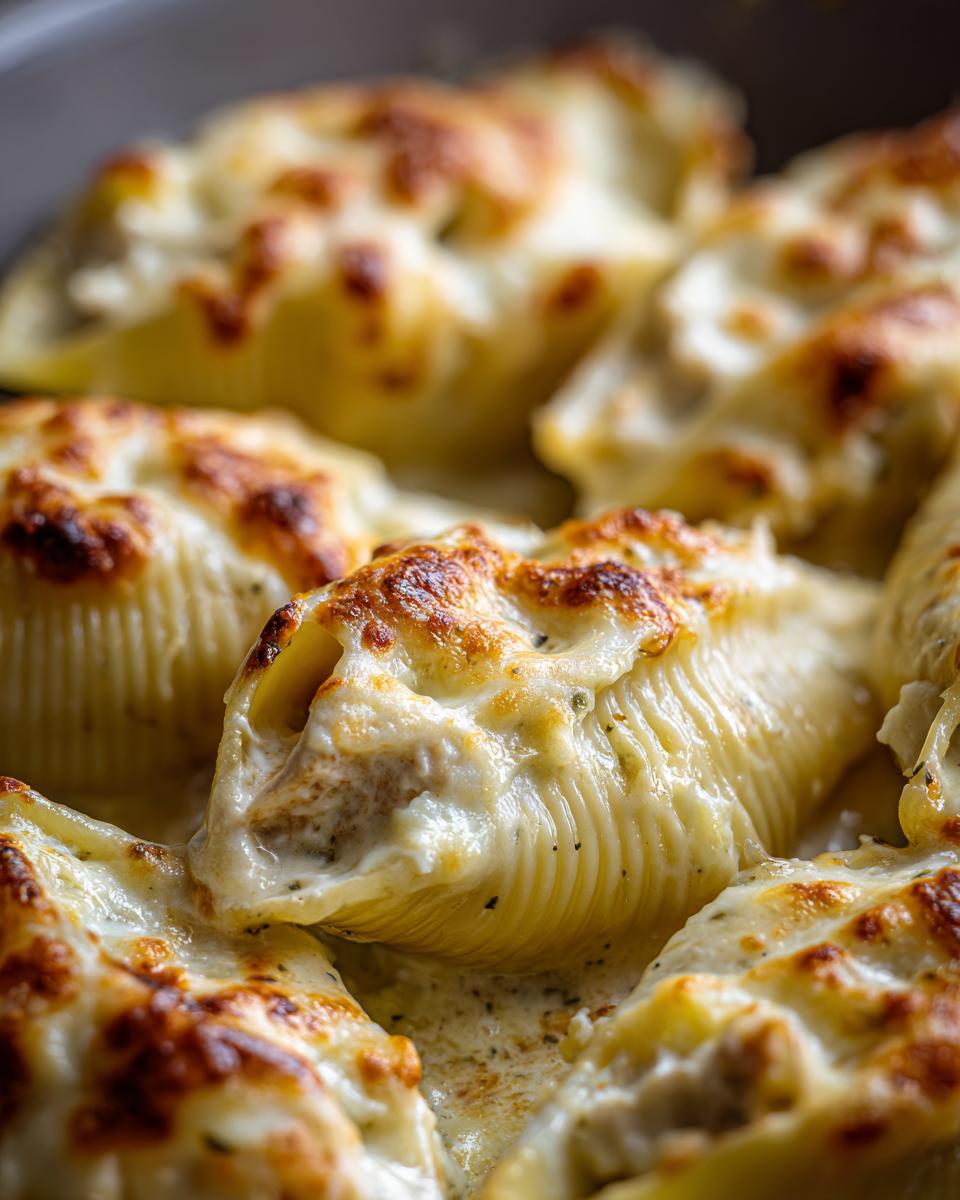 Close-up of baked chicken alfredo stuffed shells covered in creamy sauce and bubbly, browned cheese.