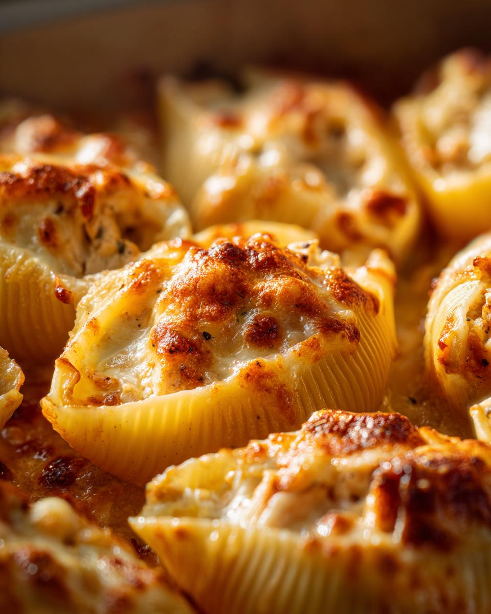 Close-up of baked chicken alfredo stuffed shells with bubbly, browned cheese topping.