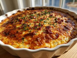 A freshly baked, golden-brown Jalapeño popper dip topped with bacon bits and chives in a white ceramic dish.