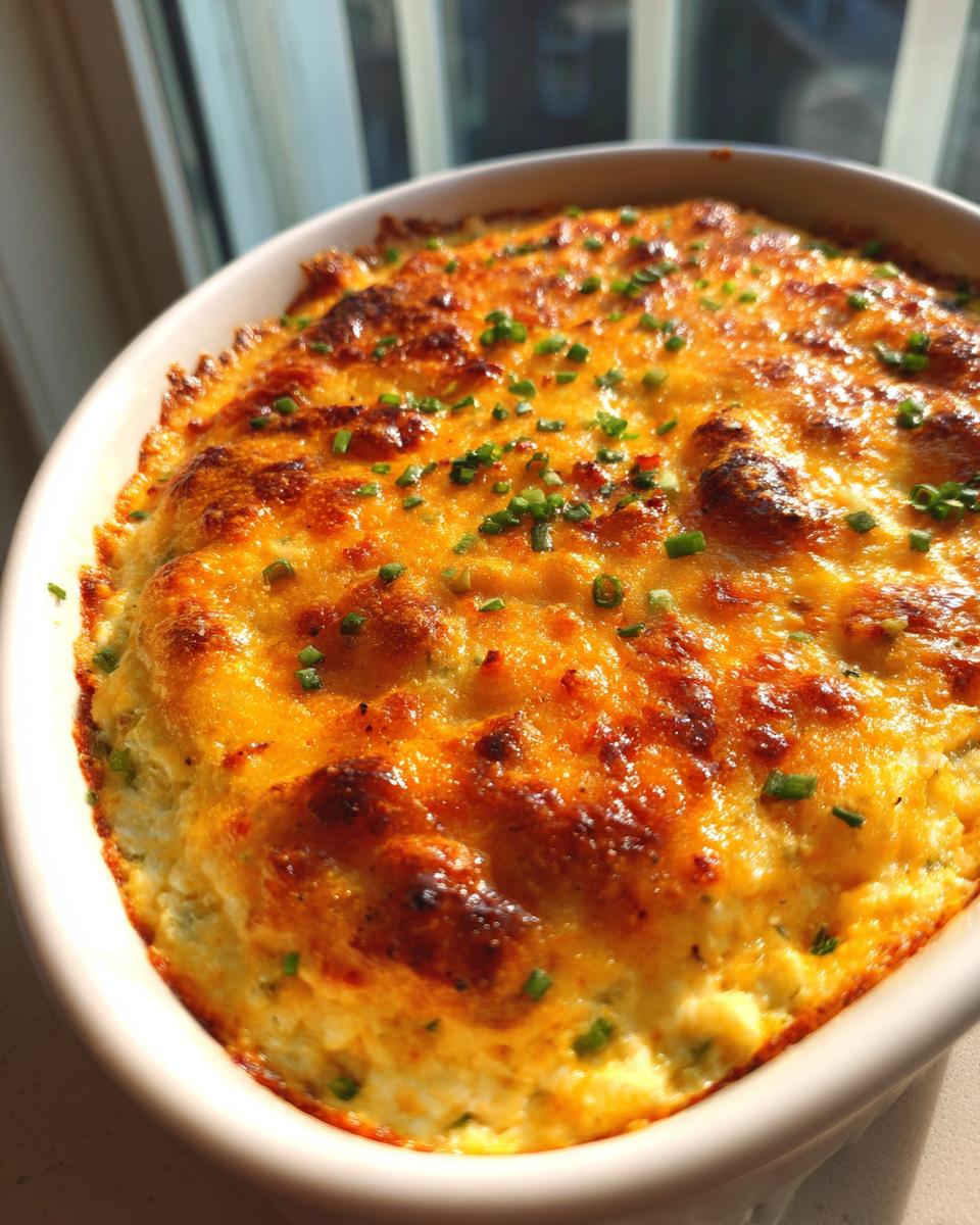 Close-up of a freshly baked Jalapeño popper dip with a bubbly, golden-brown cheese crust and chopped chives.