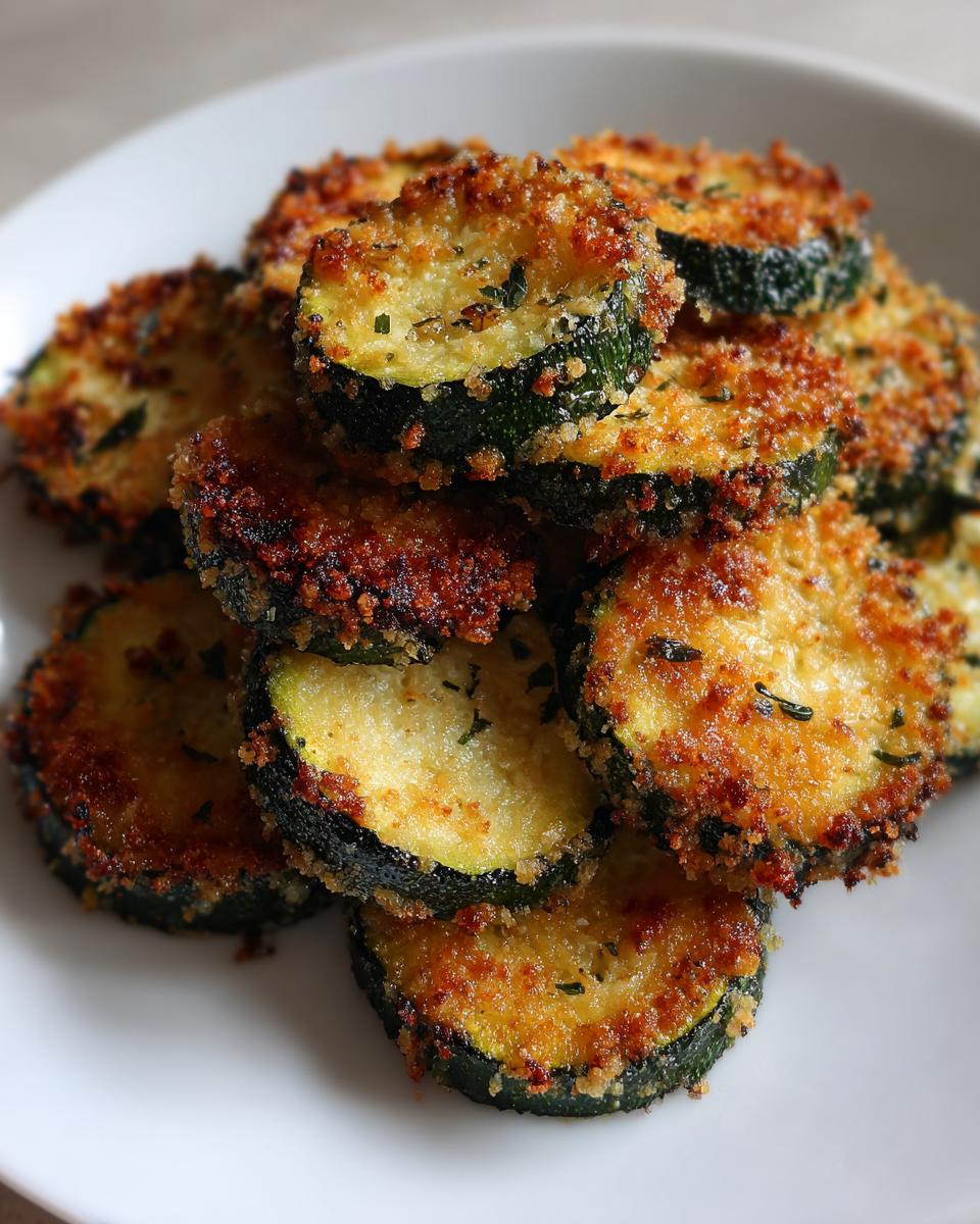 A close-up of golden brown, crispy baked parmesan zucchini slices piled on a white plate.