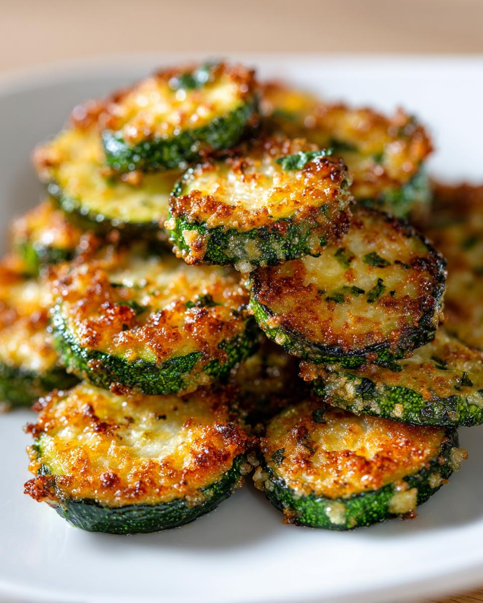 Close-up of crispy, golden-brown baked parmesan zucchini slices stacked on a white plate.