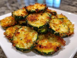 A pile of perfectly golden brown baked parmesan zucchini slices served on a white square plate.
