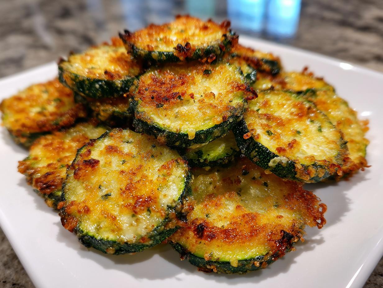 A pile of perfectly golden brown baked parmesan zucchini slices served on a white square plate.