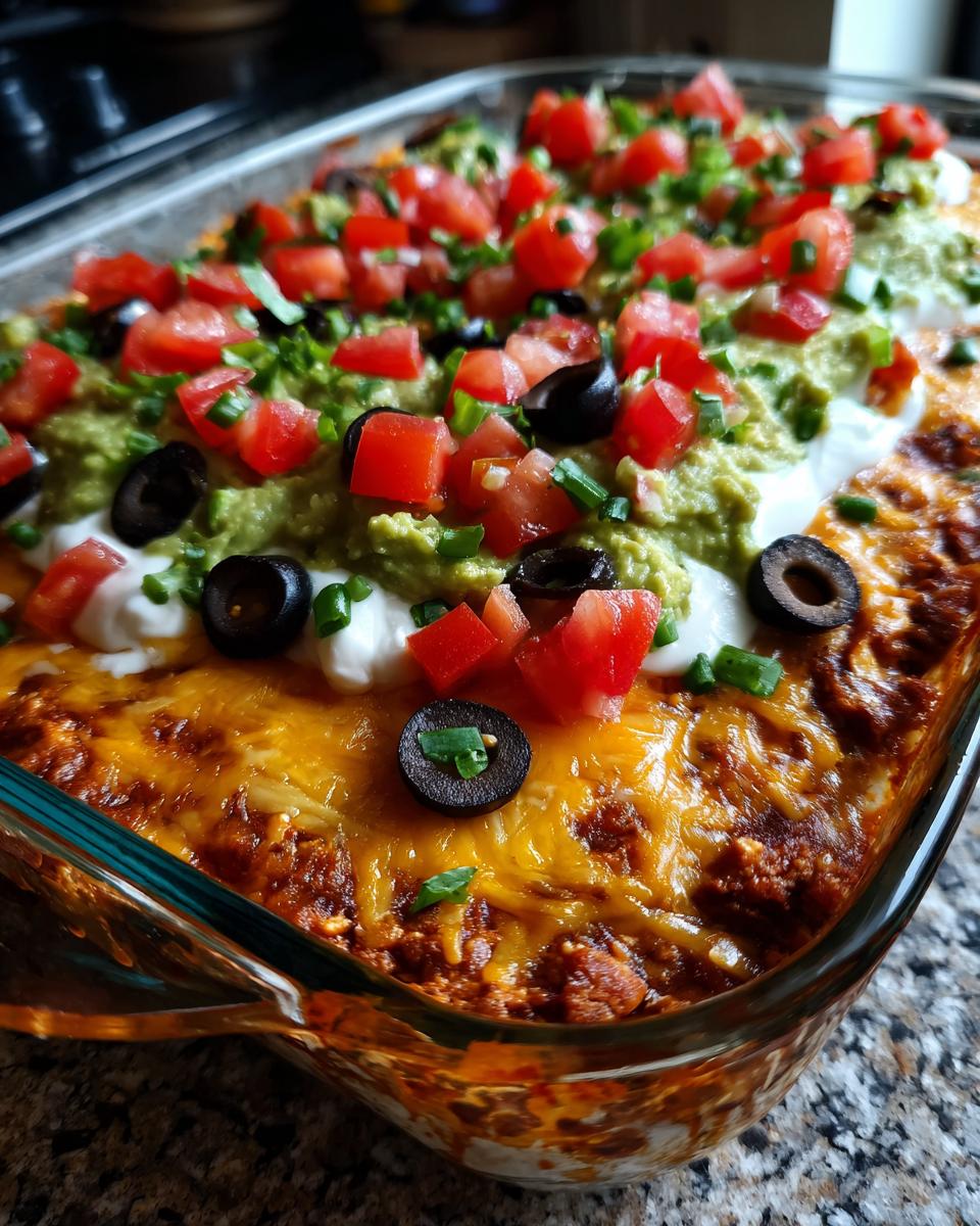 Close-up of a baked Seven layer dip in a clear glass dish, topped with melted cheese, guacamole, sour cream, tomatoes, and olives.