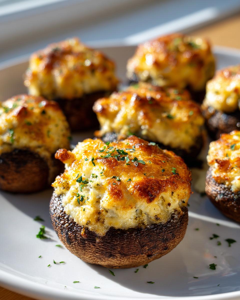 Close-up of baked stuffed mushrooms recipe with golden, cheesy tops garnished with parsley.