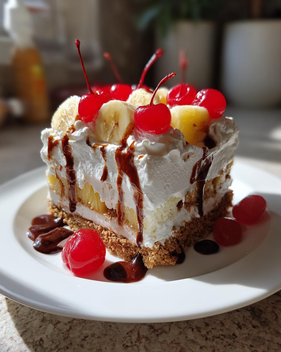 A square slice of banana split cake topped with whipped cream, banana slices, and maraschino cherries drizzled with chocolate sauce.