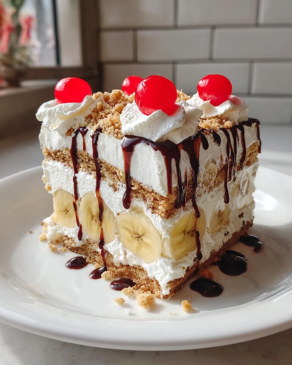 A decadent slice of banana split cake layered with cream, bananas, and graham cracker crust, topped with whipped cream and cherries.