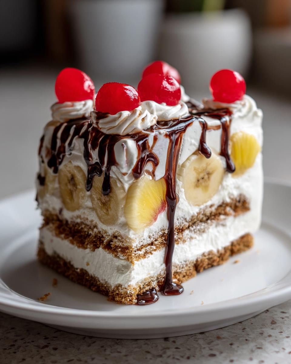 A decadent slice of banana split cake featuring layers of crust, cream, bananas, chocolate syrup, and cherries.