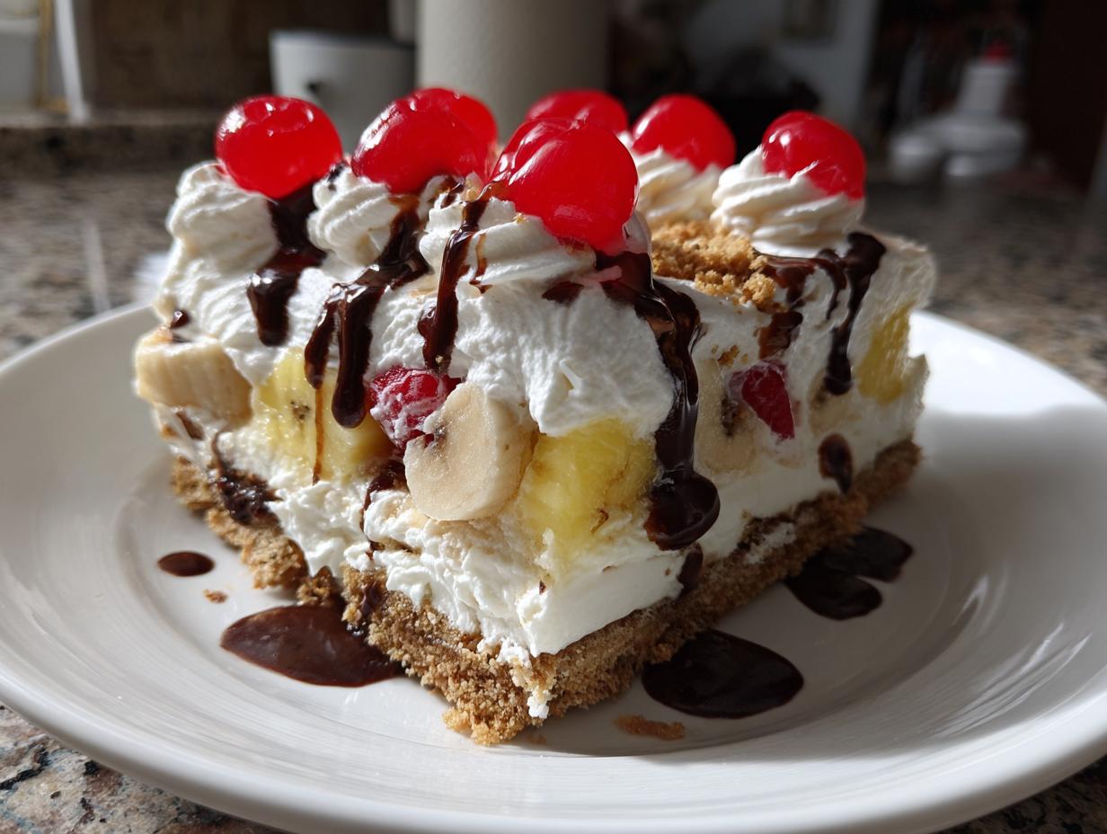 A generous slice of banana split cake featuring whipped cream, banana slices, and topped with maraschino cherries and chocolate syrup.