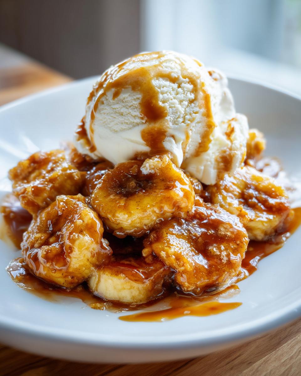 Close-up of warm, caramelized bananas in sauce topped with vanilla ice cream, classic Bananas Foster dessert.