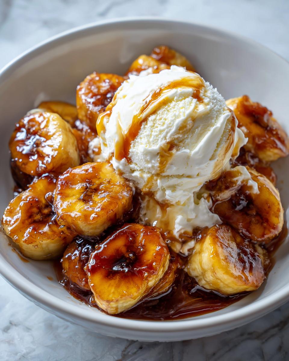 Close-up of warm, caramelized bananas foster topped with a scoop of vanilla ice cream and caramel sauce.