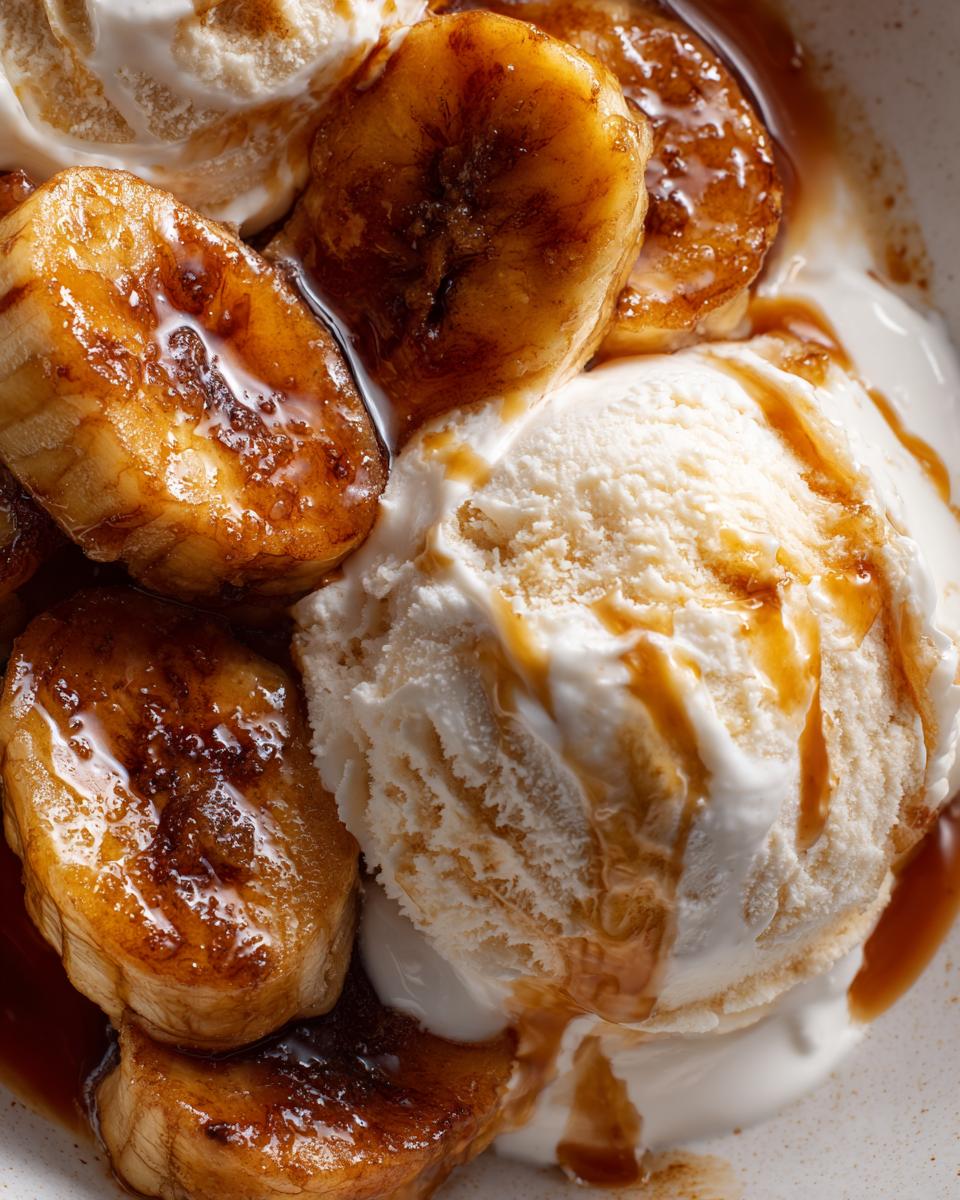 Close-up of warm, caramelized bananas foster served over scoops of melting vanilla ice cream with caramel sauce.