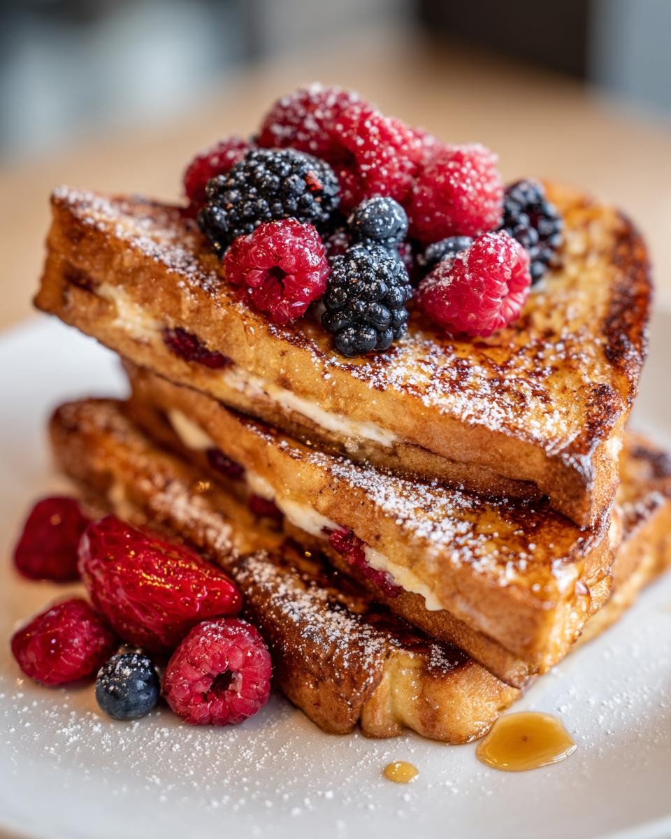 A tall stack of golden brown stuffed French toast topped with fresh raspberries, blackberries, and blueberries.