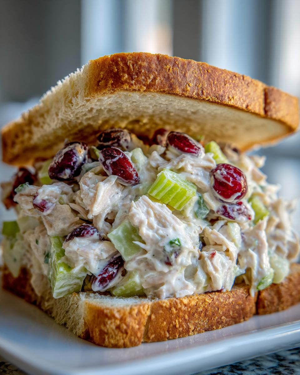 Close-up of a delicious chicken salad sandwich overflowing with creamy filling, celery, and dried cranberries on white bread.