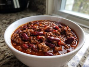 A close-up of a steaming white bowl filled with the best chili recipe, featuring ground beef and dark red kidney beans in a rich sauce.