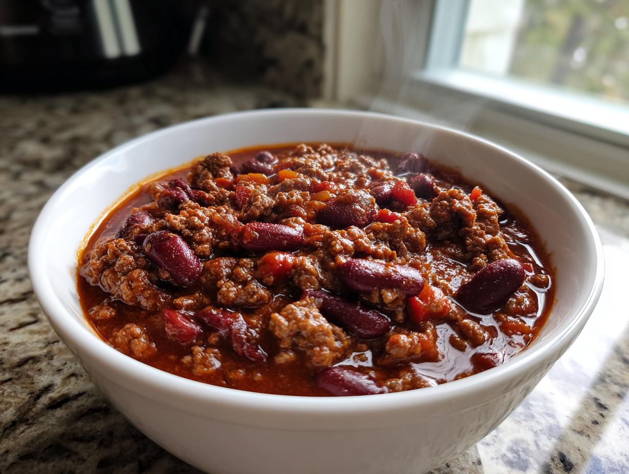 A close-up of a steaming white bowl filled with the best chili recipe, featuring ground beef and dark red kidney beans in a rich sauce.