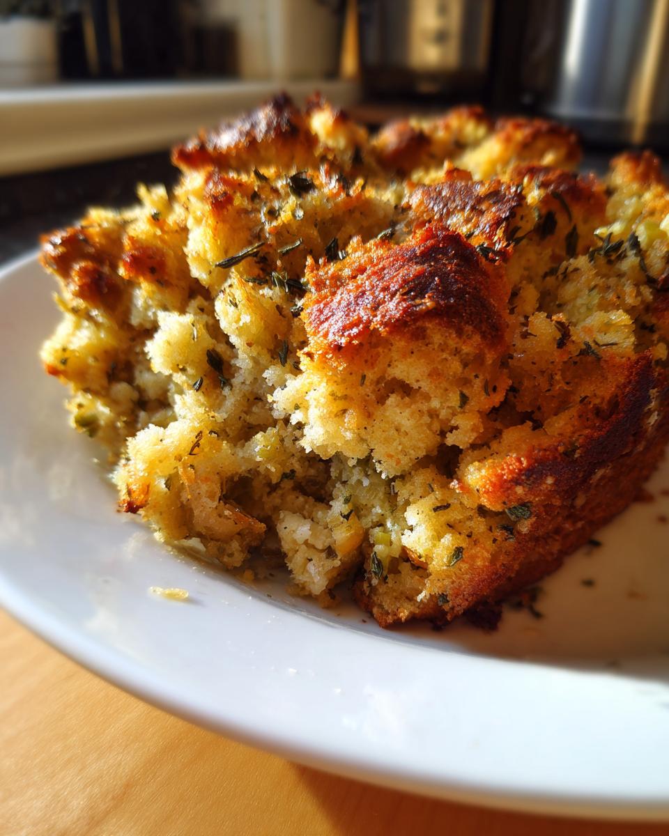 Close-up of a serving of golden brown, herb-topped stuffing showing a crispy crust.