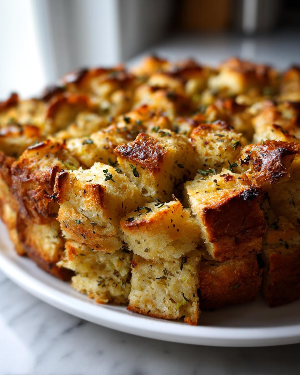 Close-up of baked bread cubes for stuffing, golden brown and topped with dried herbs, served on a white platter.