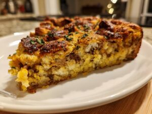 Close-up of a thick slice of savory holiday stuffing on a white plate, featuring a golden-brown, crispy top.