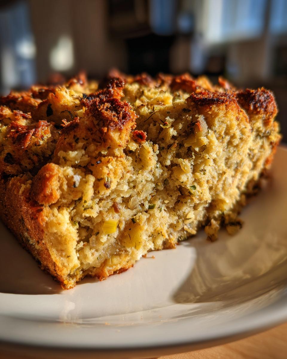 Close-up of a golden brown, herb-flecked slice of homemade stuffing on a white plate.
