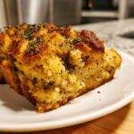 Close-up of a golden brown, savory slice of homemade stuffing topped with dried herbs.