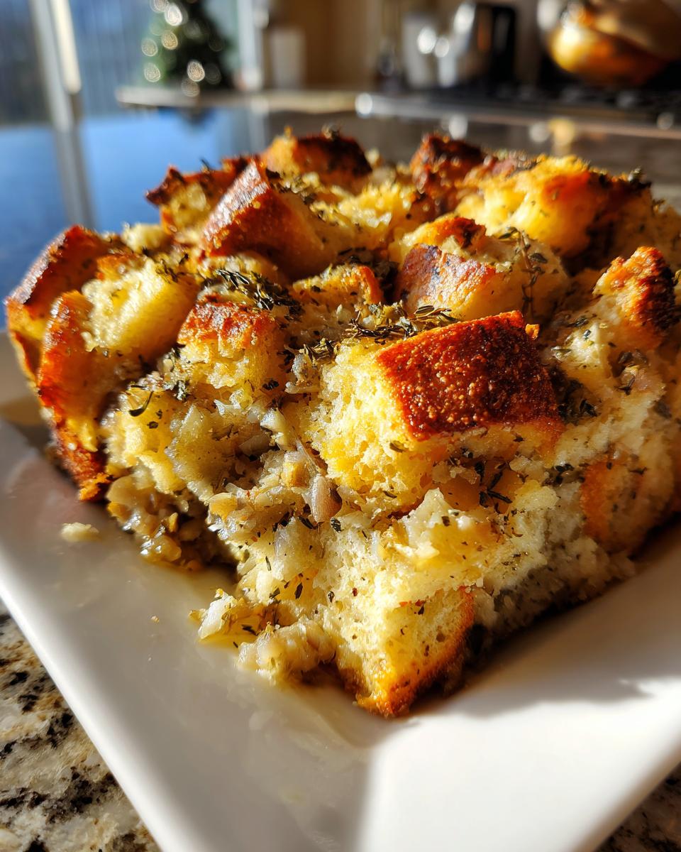 Close-up of a golden brown slice of homemade stuffing with visible herbs on a white plate.