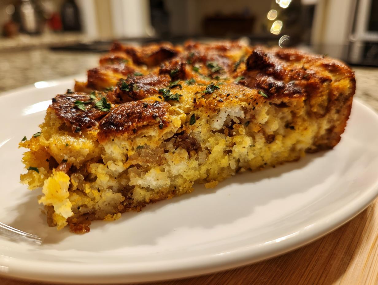 Close-up of a thick slice of savory holiday stuffing on a white plate, featuring a golden-brown, crispy top.