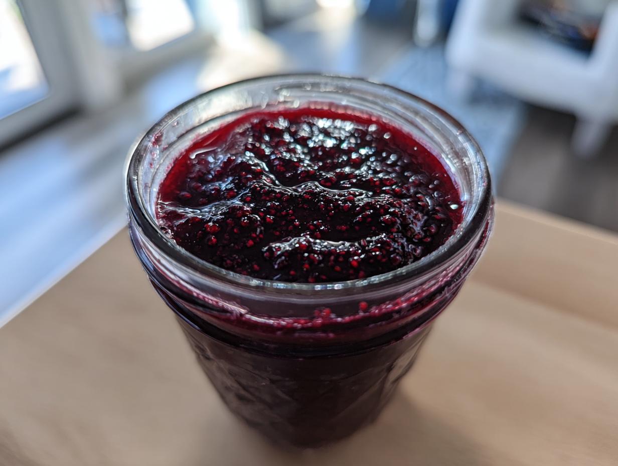 Close-up of rich, dark blackberry jam filling a canning jar, showing visible seeds and texture.