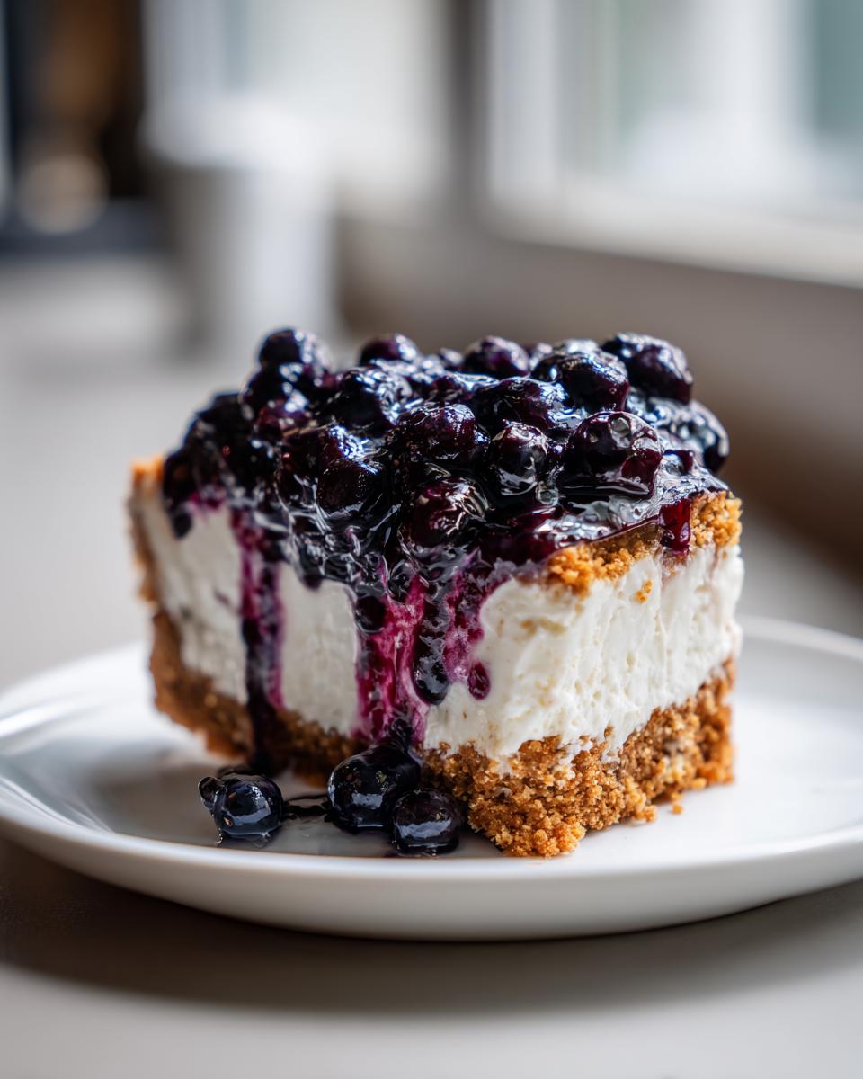 A close-up of a rich slice of blueberry cheesecake with a thick graham cracker crust and glossy blueberry topping.