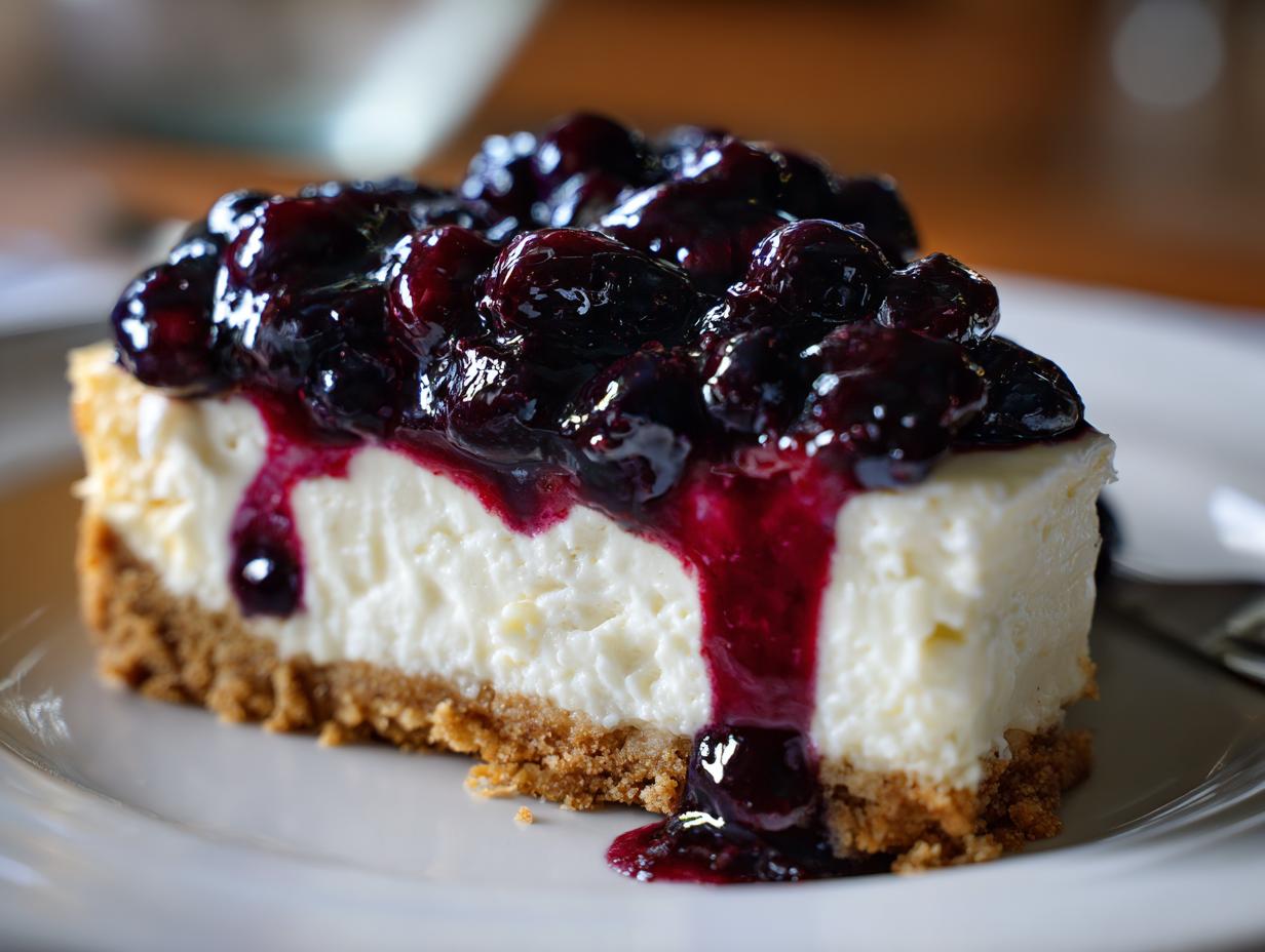 A close-up of a single slice of creamy blueberry cheesecake with a thick graham cracker crust and rich blueberry topping.