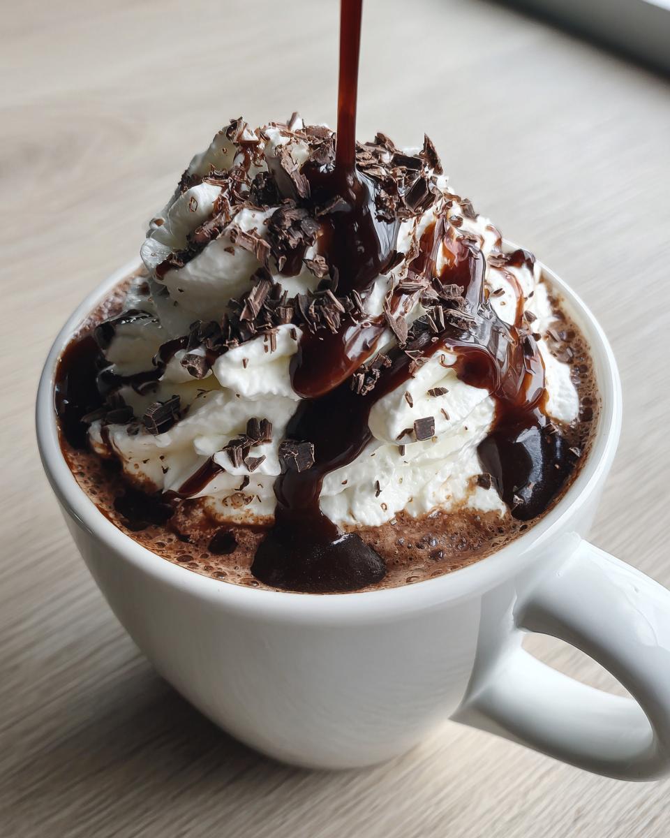 Close-up of boozy hot chocolate topped with whipped cream, chocolate shavings, and dark syrup being poured.