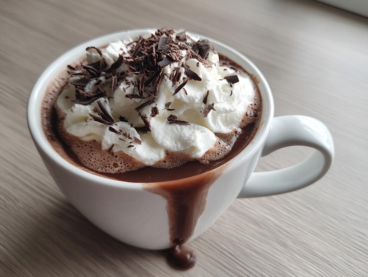 A close-up of a rich, dark boozy hot chocolate topped with whipped cream and chocolate shavings.