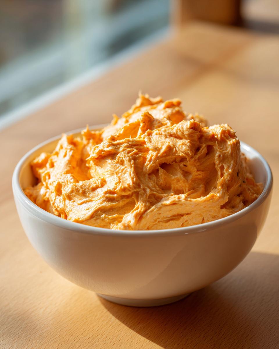 A white bowl filled with creamy, orange pumpkin fluff dessert sitting on a wooden surface.