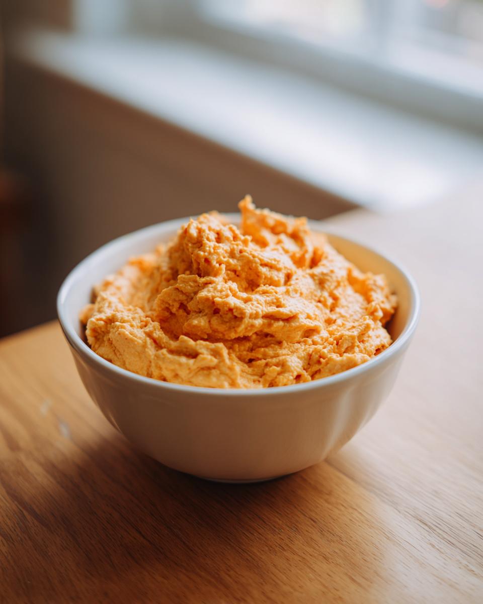 A white bowl filled with bright orange, fluffy pumpkin fluff dessert sitting on a wooden table.