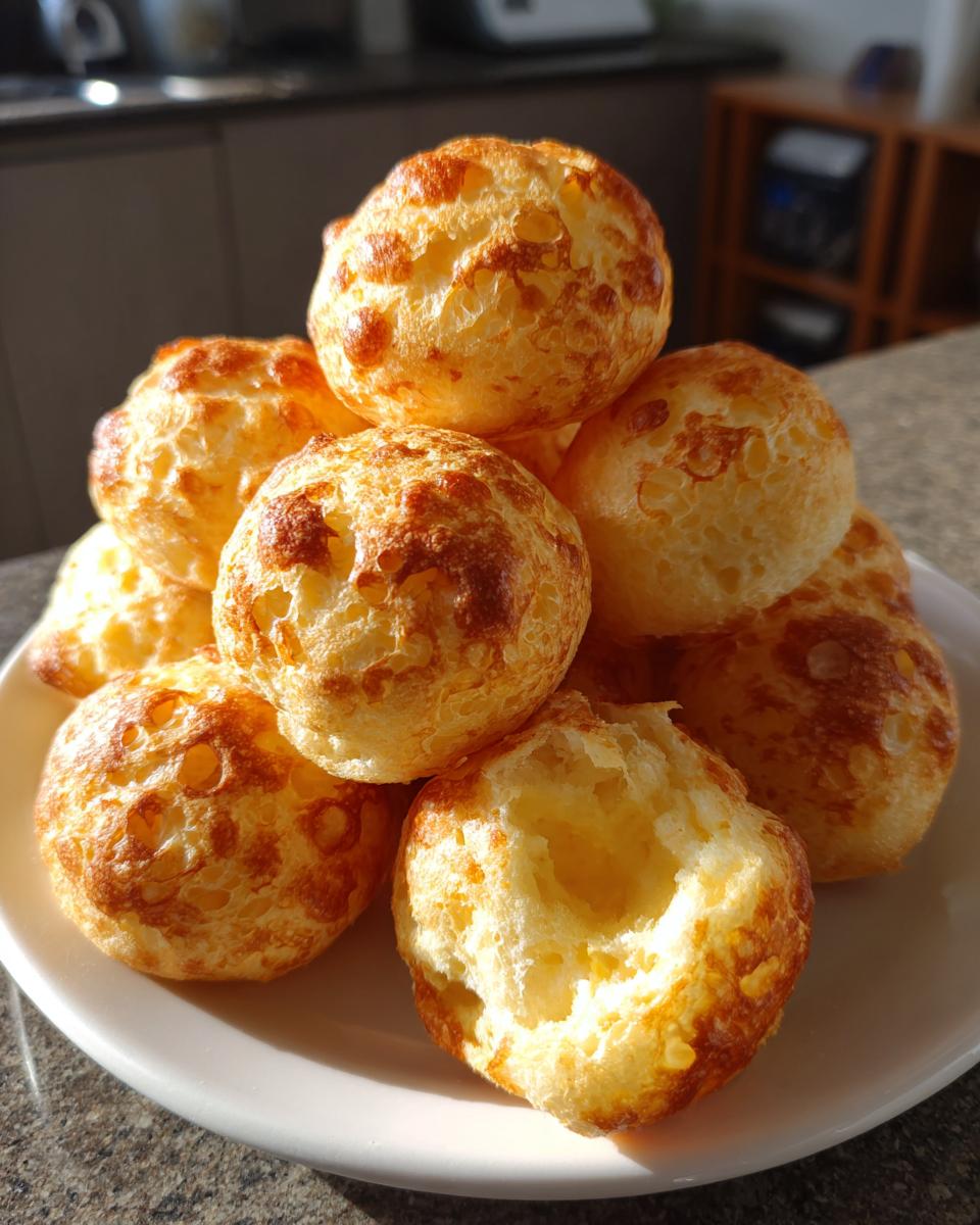 A stack of freshly baked, golden-brown Brazilian cheese bread puffs piled on a white plate.
