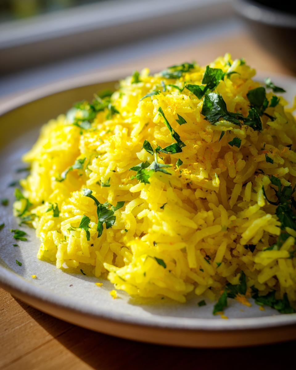 Close-up of bright yellow Mediterranean rice seasoned with spices and topped with fresh chopped parsley.