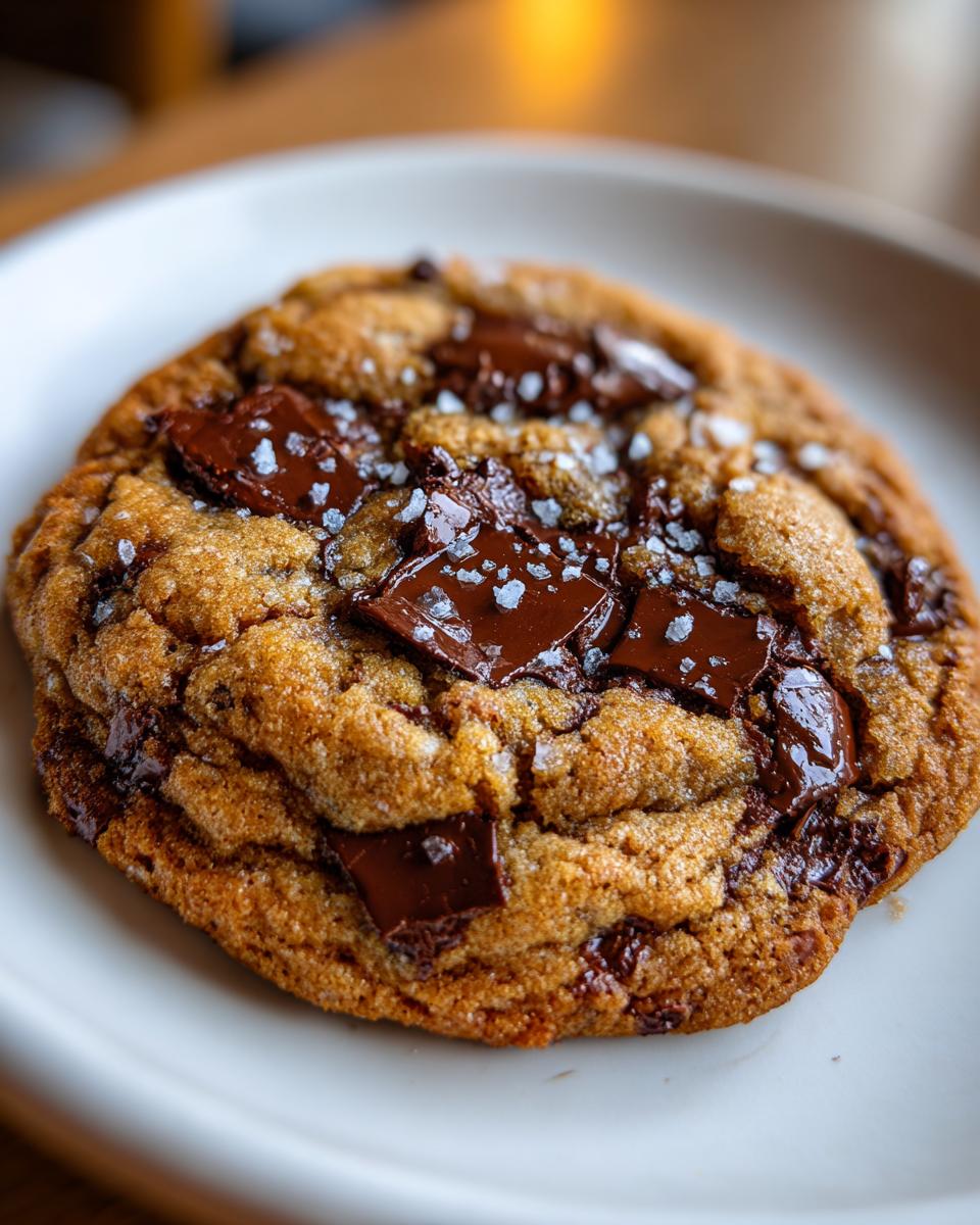 Close-up of a thick, chewy brown butter chocolate chip cookie topped with melted chocolate chunks and flaky sea salt.