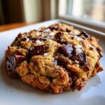 Close-up of a thick brown butter chocolate chip cookie topped with melted chocolate chunks and flaky sea salt.
