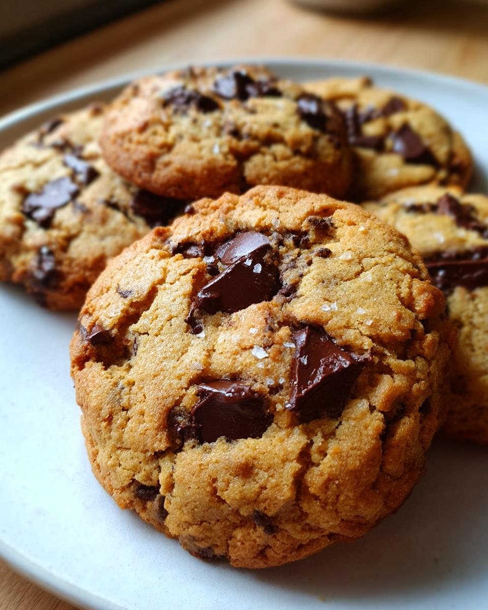 Close-up of thick, chewy brown butter chocolate chip cookies topped with flaky sea salt.