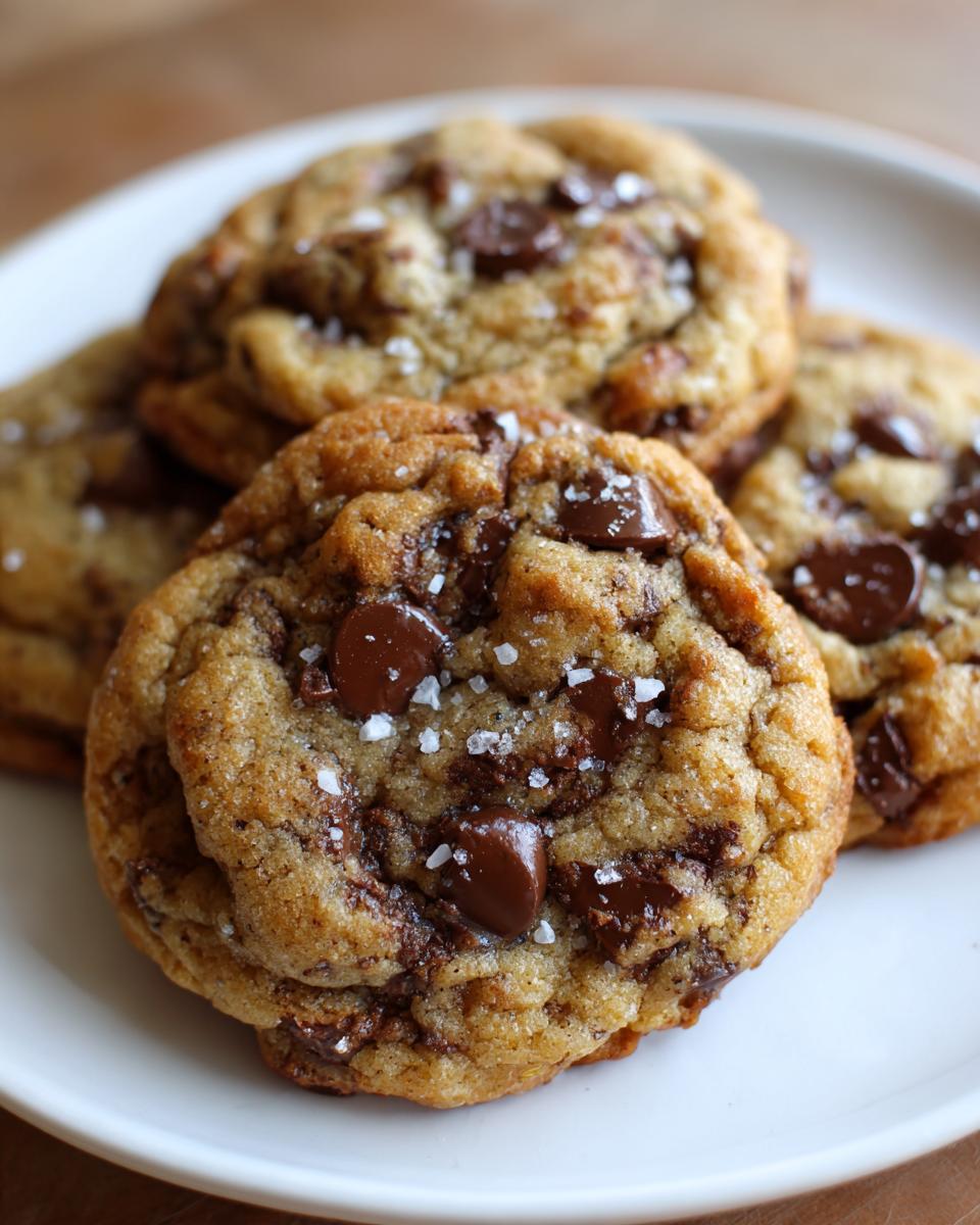 Close-up of chewy brown butter chocolate chip cookies topped with flaky sea salt.