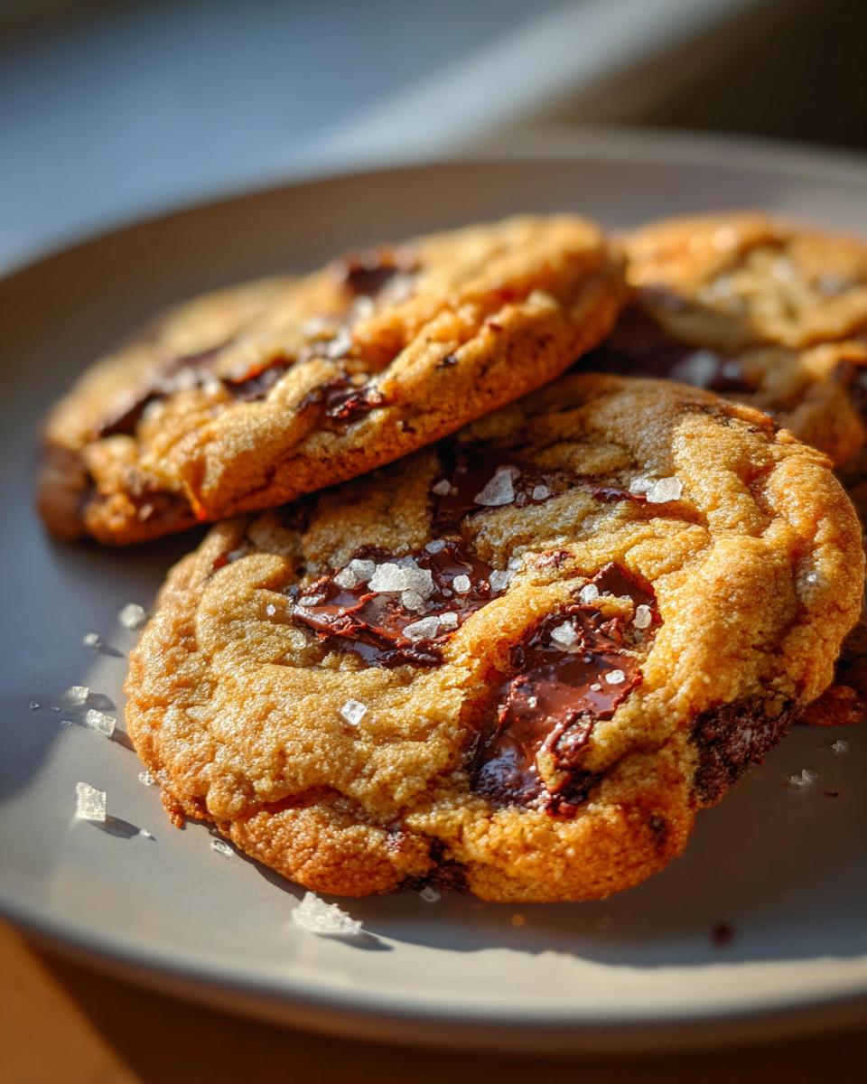 Close-up of several gooey brown butter chocolate chip cookies topped with flaky sea salt on a gray plate.