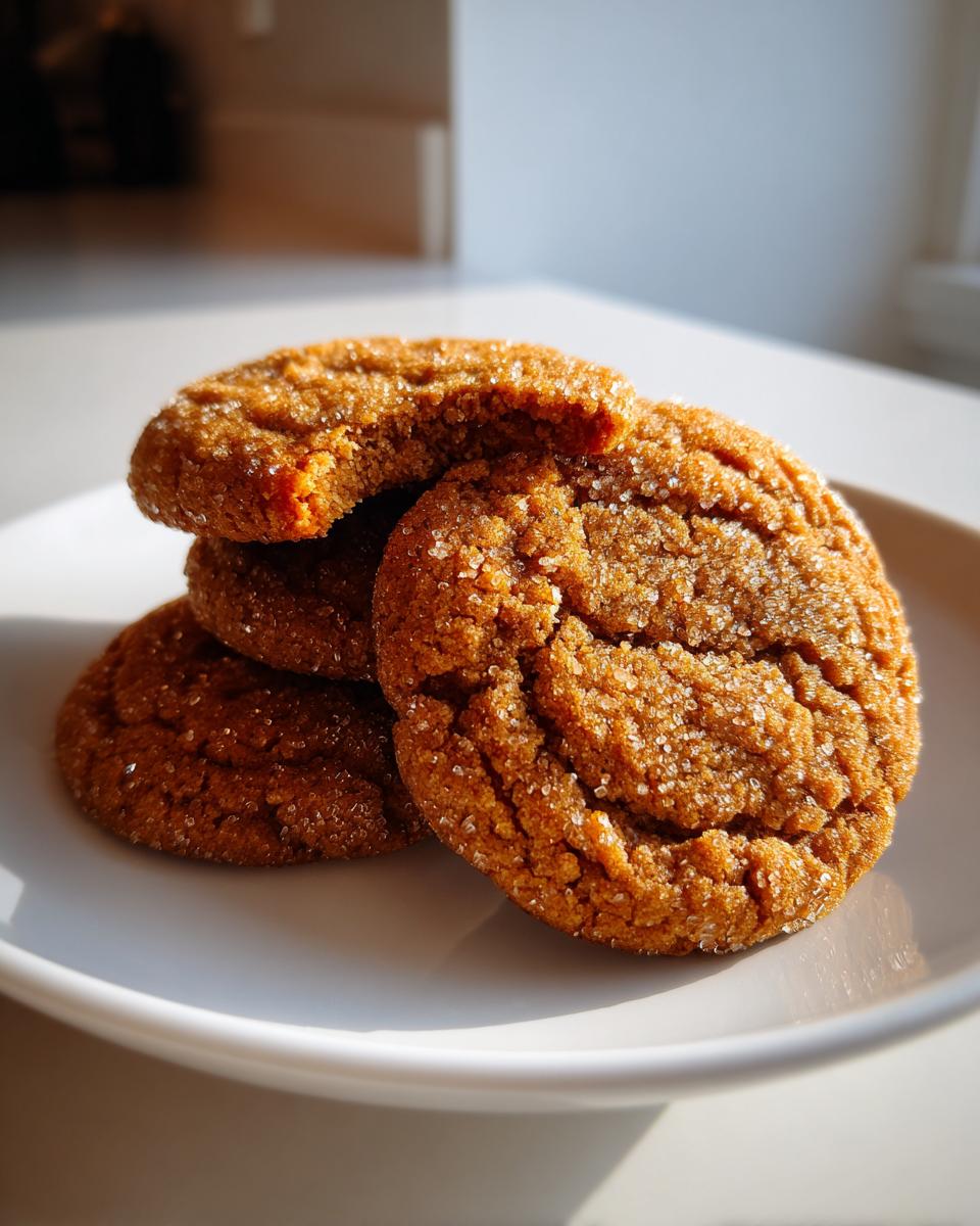 Close-up of a stack of rich brown butter sugar cookies, coated in sparkling sugar, with one cookie having a bite missing.