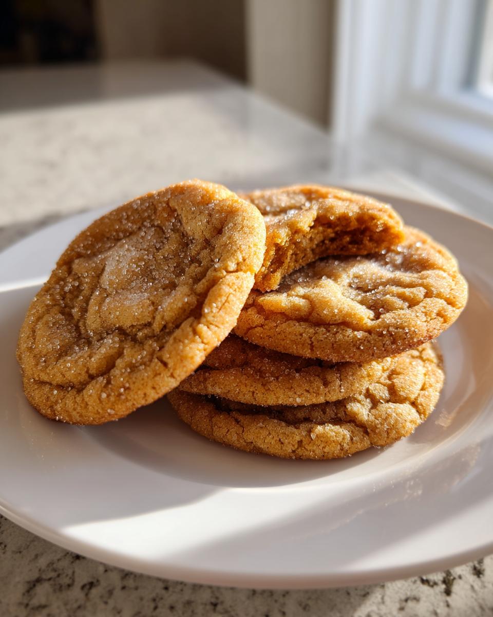 A stack of four golden brown butter sugar cookies, coated in granulated sugar, resting on a white plate.